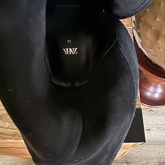 Zara Black Genuine Leather Pointy Toe Inner Zipper Platform Ankle Boots Size 8 - Picture 11 of 13